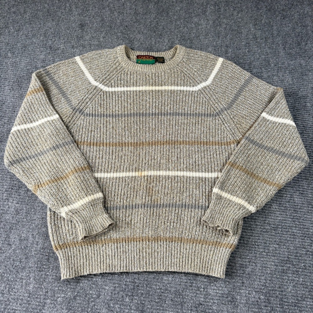 Oakton Limited Mens Vintage Striped Ribbed Knit Crewneck Sweater Gray Tan Size M